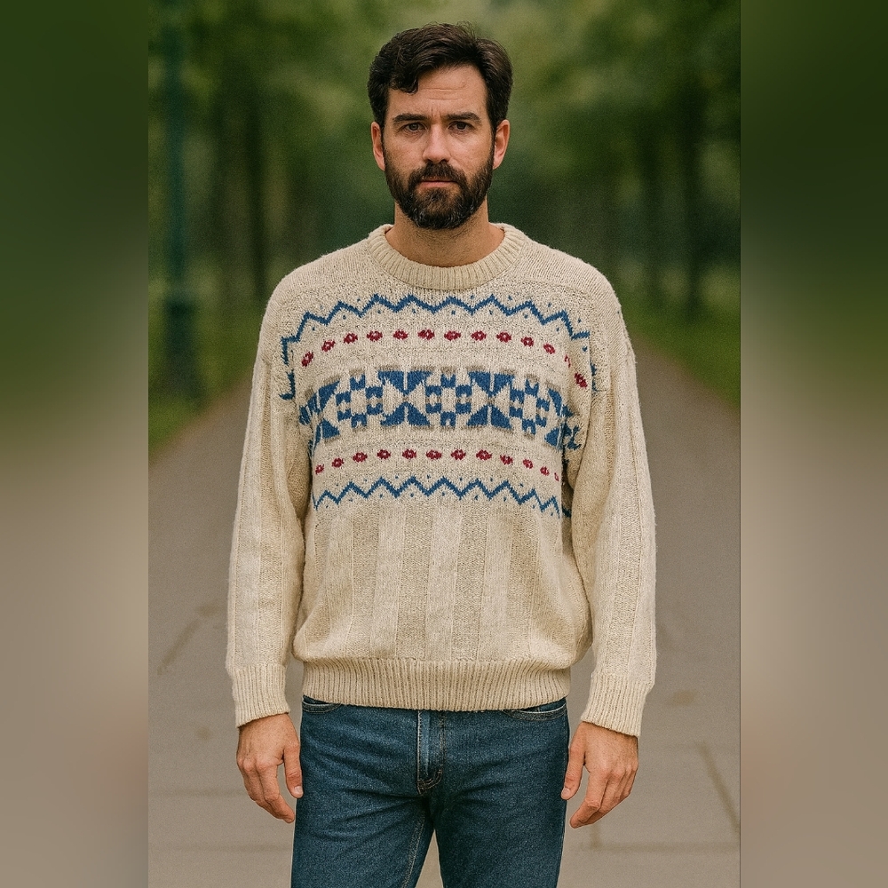 Vintage Hunt Club Men's Cream Knit Sweater with Blue and Red Accents Size Large